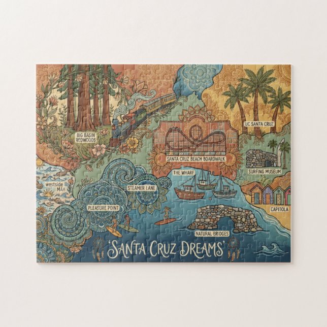 Santa Cruz California Dreams Map – Vibrant Coast Puzzle (Horizontal)
