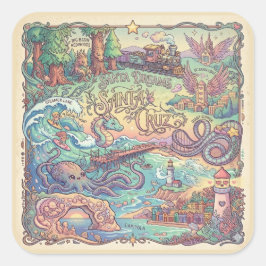 Santa Cruz California Illustrated Map Dreamscape  Quadratischer Aufkleber