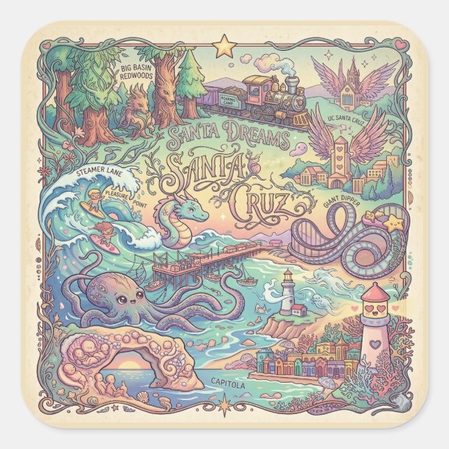 Santa Cruz California Illustrated Map Dreamscape  Quadratischer Aufkleber (Vorderseite)