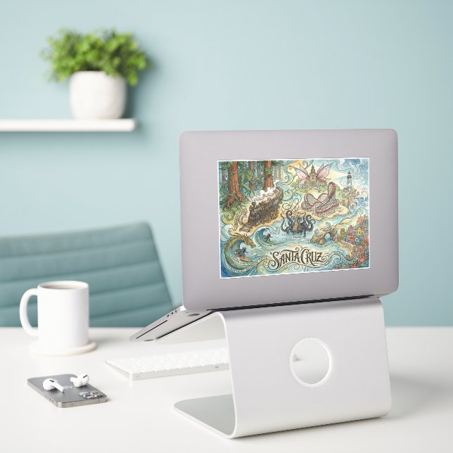 Santa Cruz California Illustrated Map Mythical Aufkleber (Laptop auf Schreibtisch)