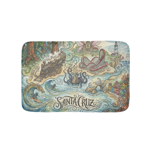 Santa Cruz California Illustrated Map Mythical Badematte (Vorderseite)