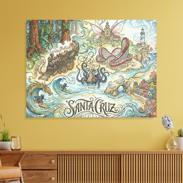 Santa Cruz California Illustrated Map Mythical Leinwanddruck (Insitu (Wohnzimmer))