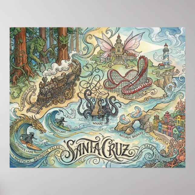 Santa Cruz California Illustrated Map Mythical Poster (Vorne)