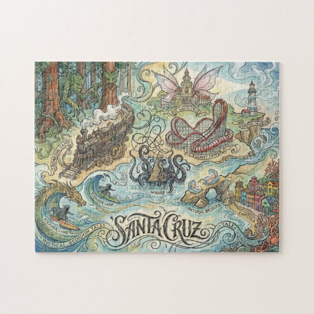 Santa Cruz California Illustrated Map Mythical Puzzle (Horizontal)