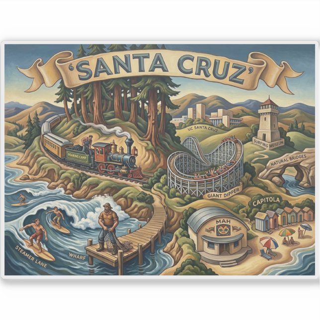 Santa Cruz California Illustrated Map UCSC Wharf Aufkleber (Vorderseite)