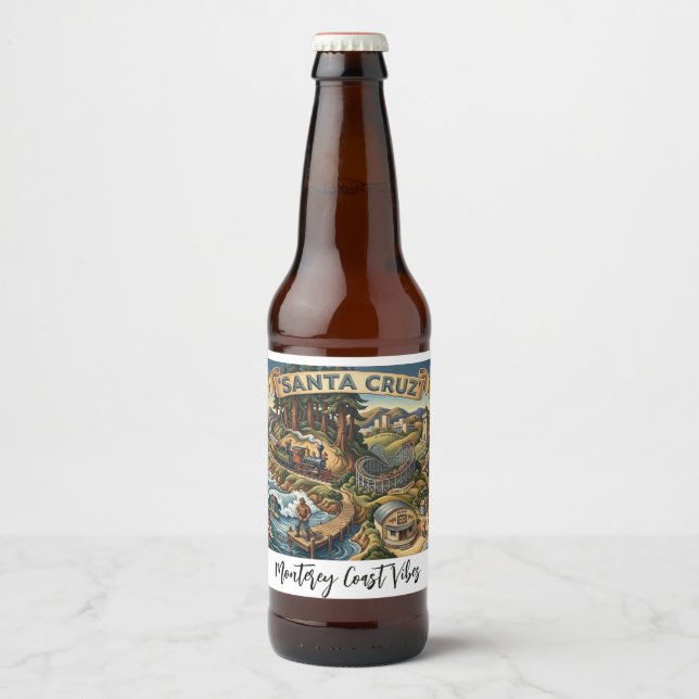 Santa Cruz California Illustrated Map UCSC Wharf Bierflaschenetikett (Vorderseite)