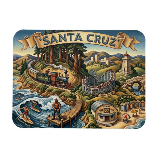 Santa Cruz California Illustrated Map UCSC Wharf Magnet (Horizontal)