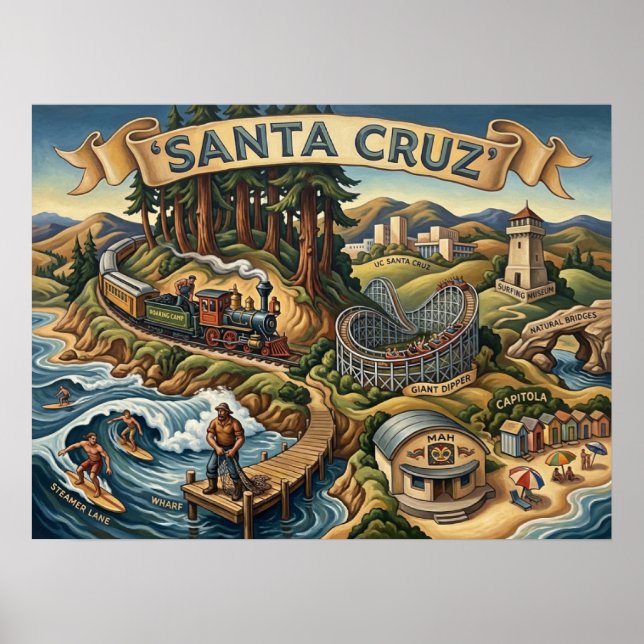 Santa Cruz California Illustrated Map UCSC Wharf Poster (Vorne)