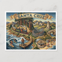 Santa Cruz California Illustrated Map UCSC Wharf Postkarte