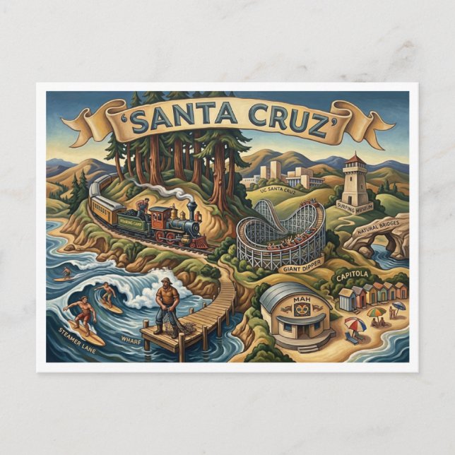 Santa Cruz California Illustrated Map UCSC Wharf Postkarte (Vorderseite)