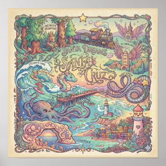 Santa Cruz California Illustrierte Karte Dreamscap Poster