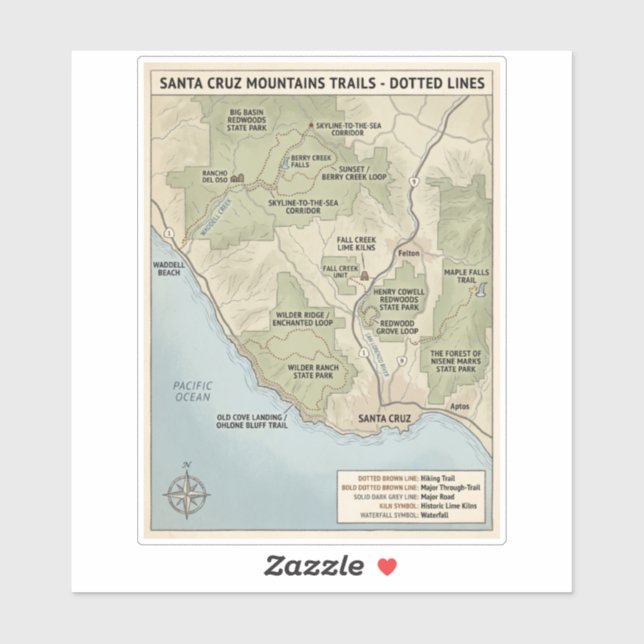 Santa Cruz California Trail Map Redwood & Coastal  Aufkleber (Blatt)