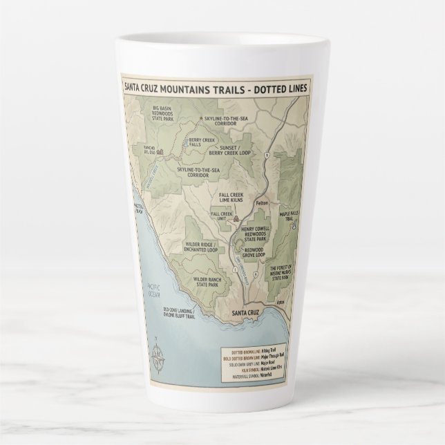 Santa Cruz California Trail Map Redwood & Coastal  Milchtasse (Vorderseite)