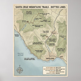 Santa Cruz California Trail Map Redwood & Coastal  Poster