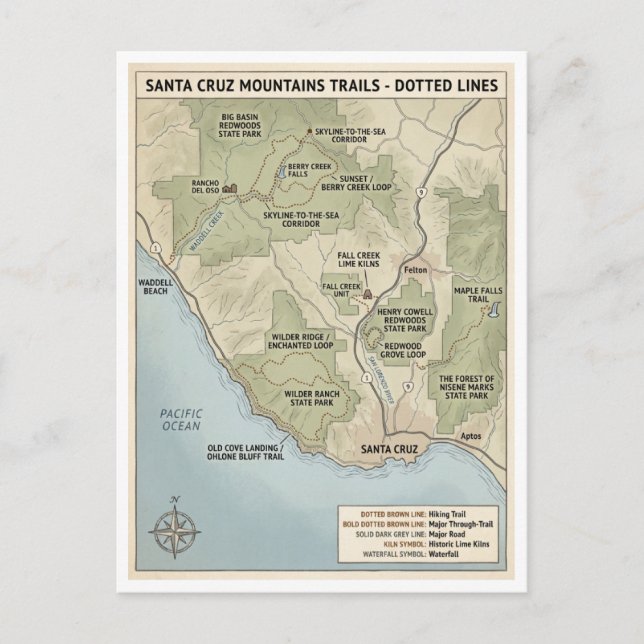 Santa Cruz California Trail Map Redwood & Coastal  Postkarte (Vorderseite)