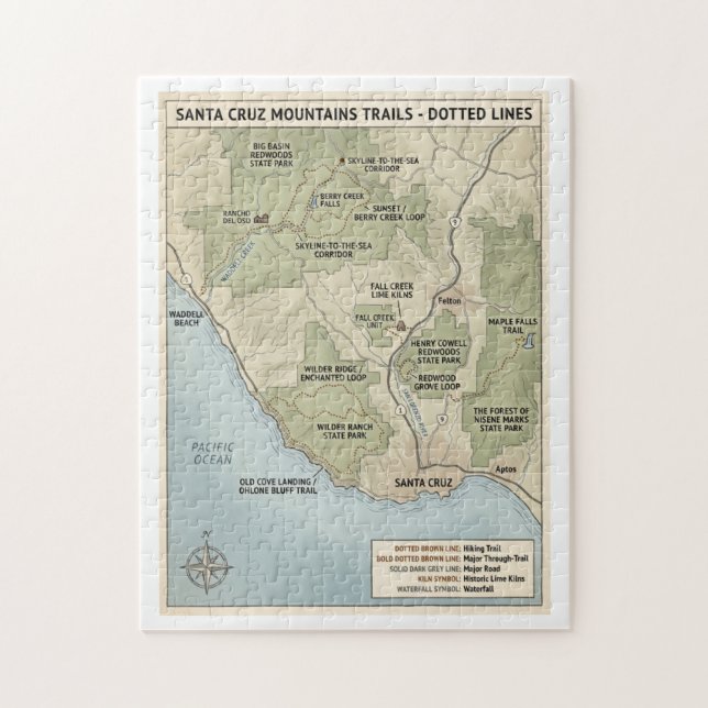 Santa Cruz California Trail Map Redwood & Coastal  Puzzle (Vertikal)