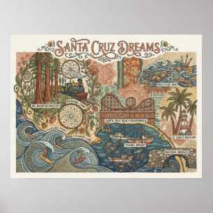 Santa Cruz California Träume Karte UCSC Surfen Poster