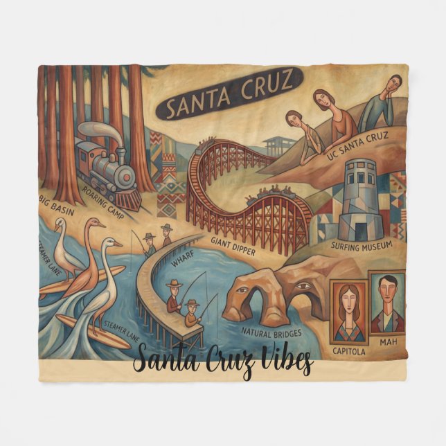 Santa Cruz California Whimsical Map UCSC Boardwalk Fleecedecke (Vorderseite (Horizontal))