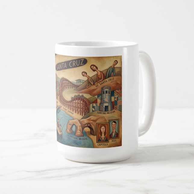 Santa Cruz California Whimsical Map UCSC Boardwalk Kaffeetasse (VorderseiteRechts)