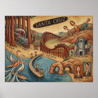 Santa Cruz California Whimsical Map UCSC Boardwalk