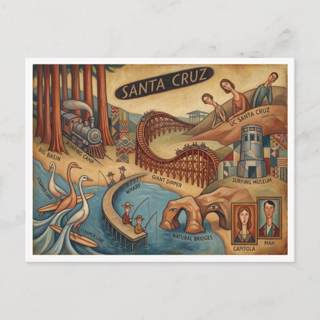 Santa Cruz California Whimsical Map UCSC Boardwalk Postkarte (Vorderseite)