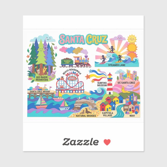Santa Cruz Illustrated Map Boardwalk Beach Surfing Aufkleber (Blatt)