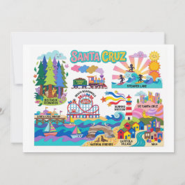 Santa Cruz Illustrated Map Boardwalk Beach Surfing Karte