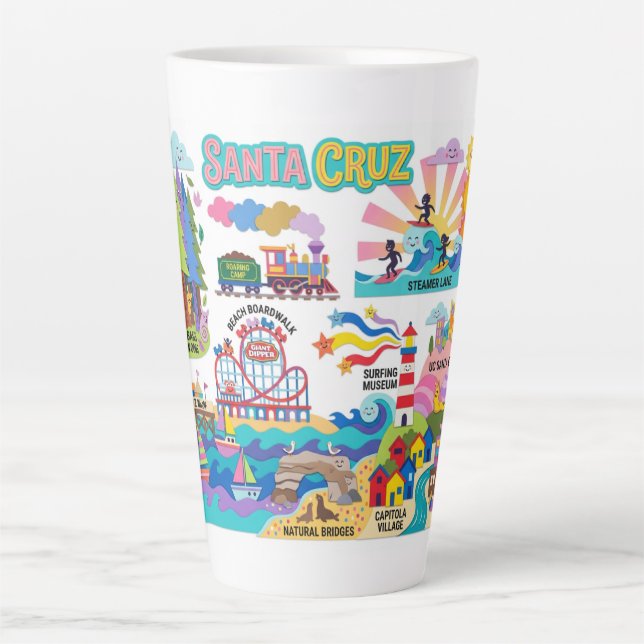Santa Cruz Illustrated Map Boardwalk Beach Surfing Milchtasse (Vorderseite)