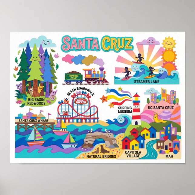 Santa Cruz Illustrated Map Boardwalk Beach Surfing Poster (Vorne)