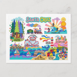 Santa Cruz Illustrated Map Boardwalk Beach Surfing Postkarte