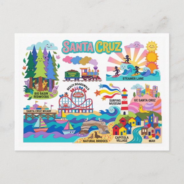 Santa Cruz Illustrated Map Boardwalk Beach Surfing Postkarte (Vorderseite)