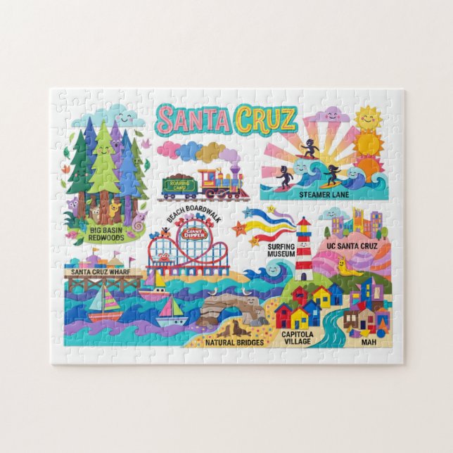 Santa Cruz Illustrated Map Boardwalk Beach Surfing Puzzle (Horizontal)