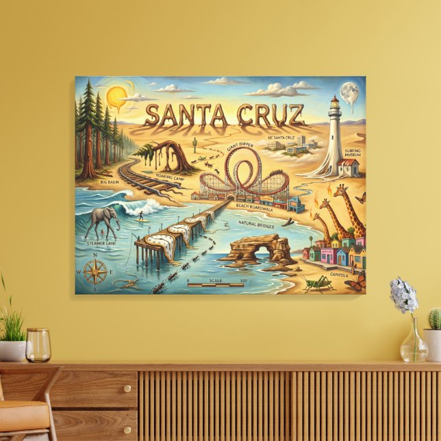 Santa Cruz Pop Art Map – Bold Coastal Landmark Leinwanddruck (Insitu (Wohnzimmer))
