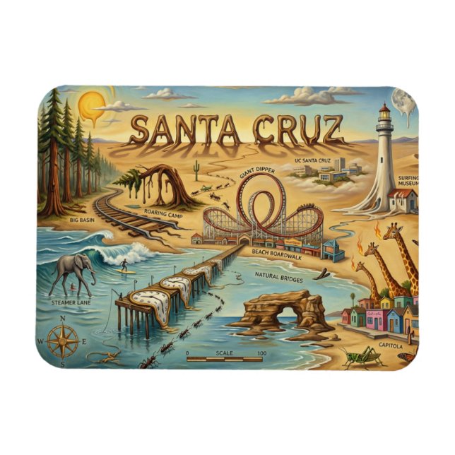 Santa Cruz Pop Art Map – Bold Coastal Landmark Magnet (Horizontal)