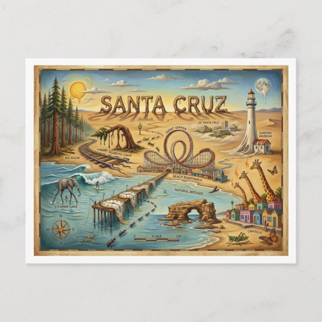 Santa Cruz Pop Art Map – Bold Coastal Landmark Postkarte (Vorderseite)