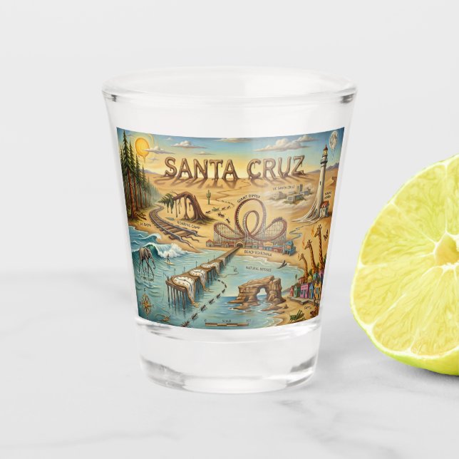 Santa Cruz Pop Art Map – Bold Coastal Landmark Schnapsglas (Vorderseite)