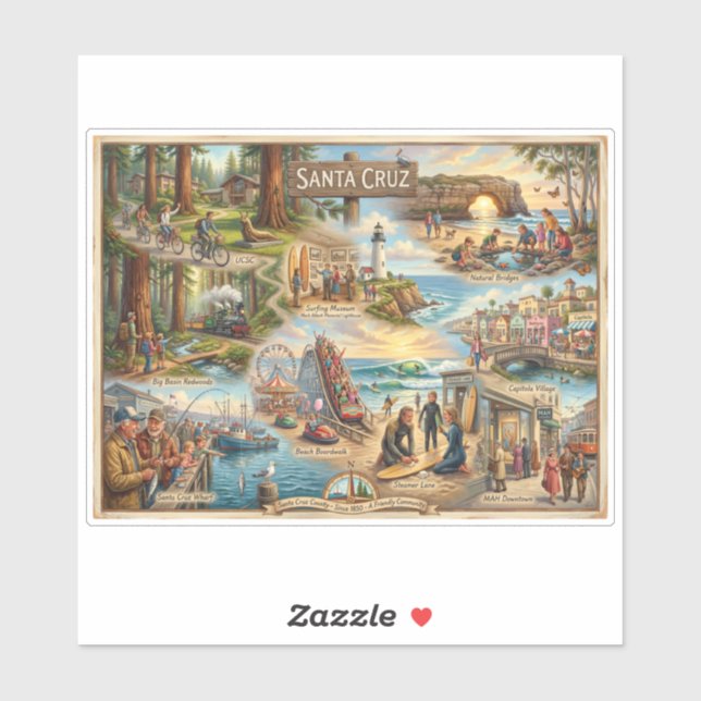 Santa Cruz Vibe Map – Cultural Coastal Art Print Aufkleber (Blatt)