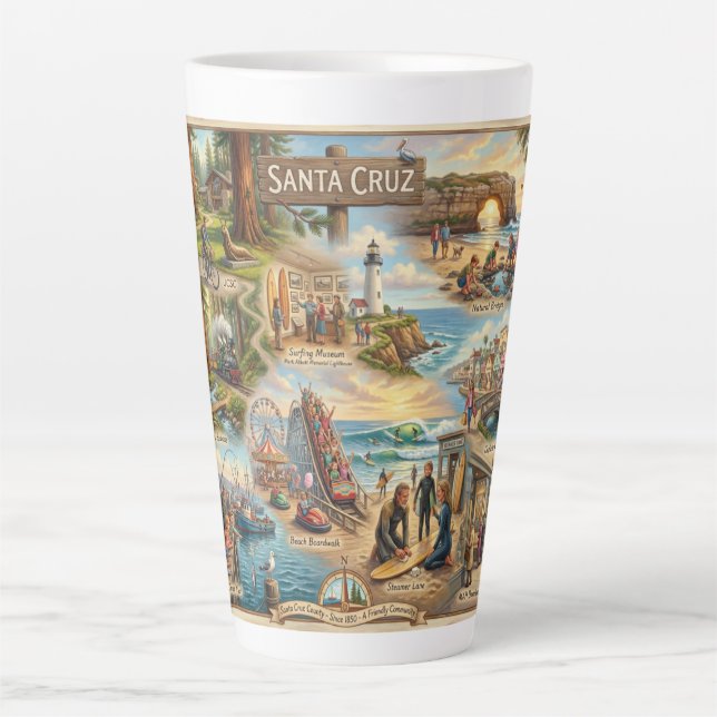 Santa Cruz Vibe Map – Cultural Coastal Art Print Milchtasse (Vorderseite)