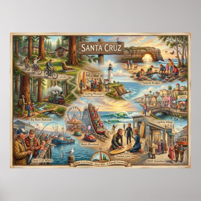 Santa Cruz Vibe Map – Cultural Coastal Art Print Poster (Vorne)