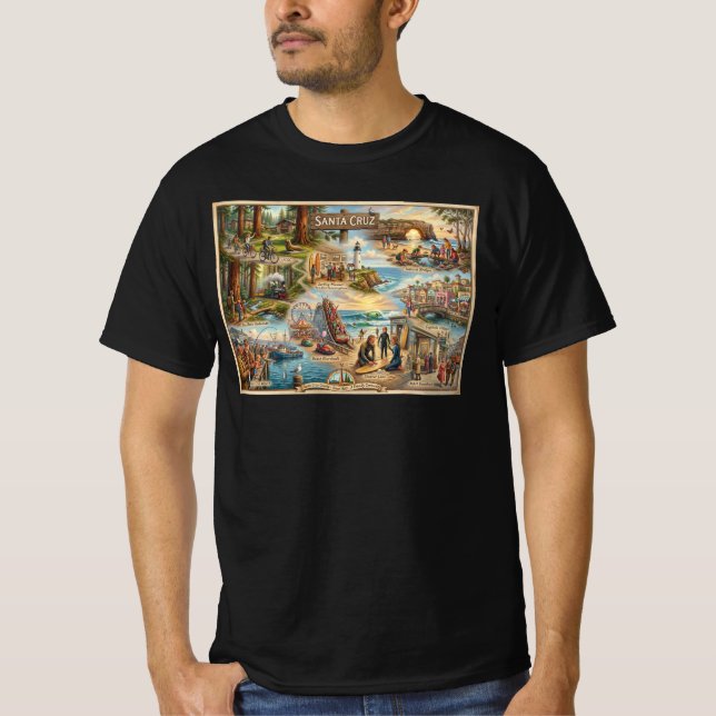Santa Cruz Vibe Map – Cultural Coastal Art Print T-Shirt (Vorderseite)