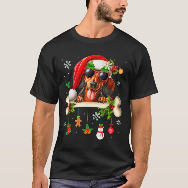Santa Dackel Sungles Niedlich Bone Xmas Besitzer K T-Shirt (Vorderseite)