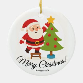 Santa Decorating Tree Personalized Family Name Keramik Ornament
