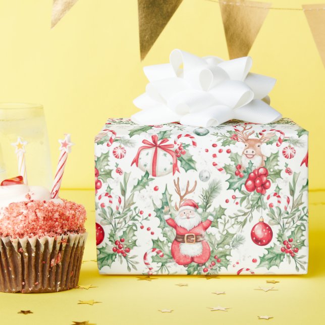 Santa Deer Baubles Holly Weihnachtswrapping Paper Geschenkpapier (Geburtstagsparty)