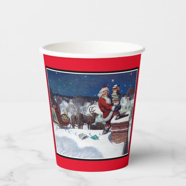 Santa Delivering Books at Christmas, Paper Cups Pappbecher (Vorderseite)