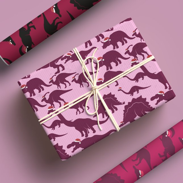 Santa Dinos Fun Whimsical Red & Pink Dinosaur Xmas Geschenkpapier Set (Von Creator hochgeladen)