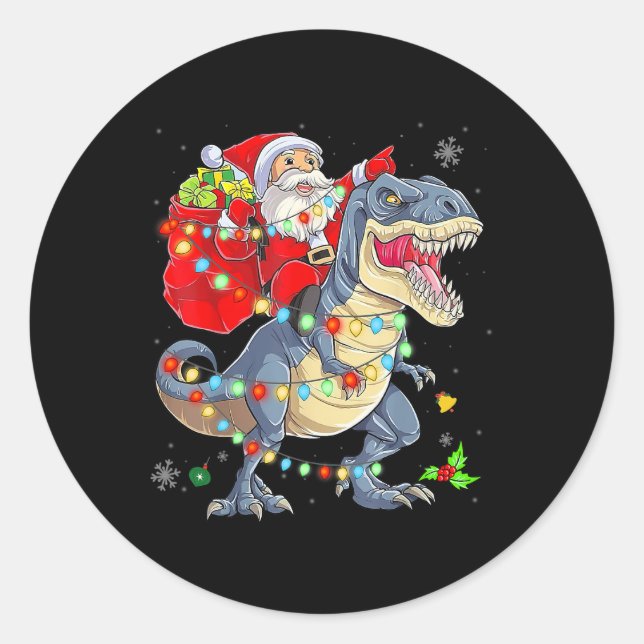 Santa Dinosaur Light Frohe Weihnachten Niedliche G Runder Aufkleber (Vorderseite)