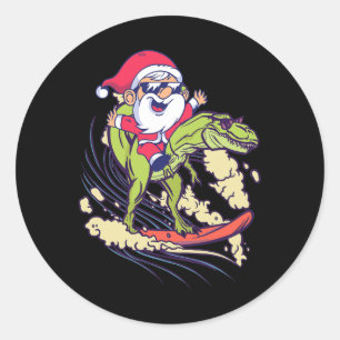 Santa Dinosaur surft T-Rex Dino Sommer Weihnachten Runder Aufkleber