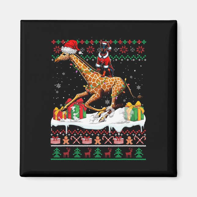 Santa Dobermann Riding Giraffe Weihnachtssüßer L Magnet (Vorne)