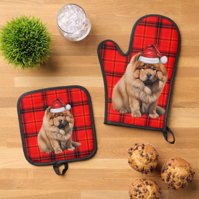 Santa Dog Chow Chow Holiday Plaid Christmas Ofenhandschuh & Topflappen-Set (Oben Unten)