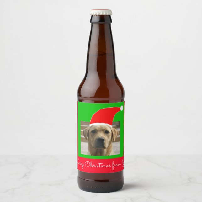 Santa Dog Frohe Weihnachten von (Ihr Text) Bierflaschenetikett (Vorderseite)